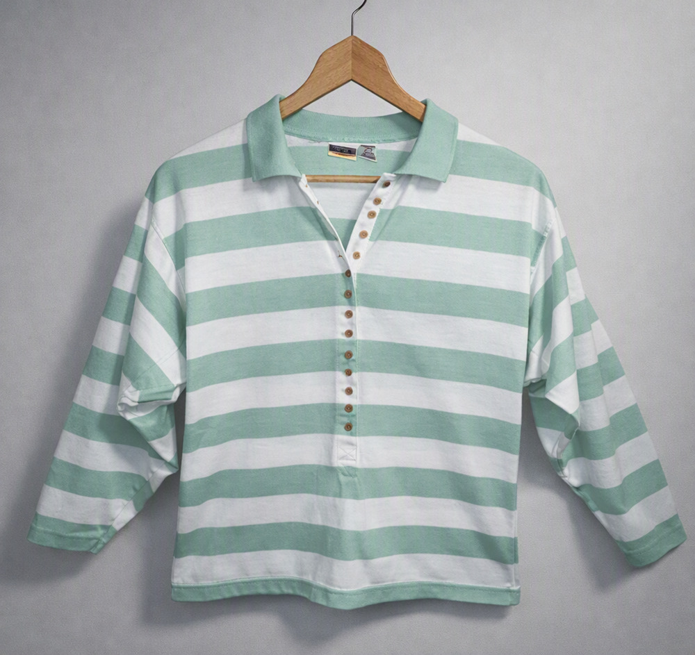 Vtg American Weekend Mint Green White Striped Soft Knit Casual Collared Shirt S
